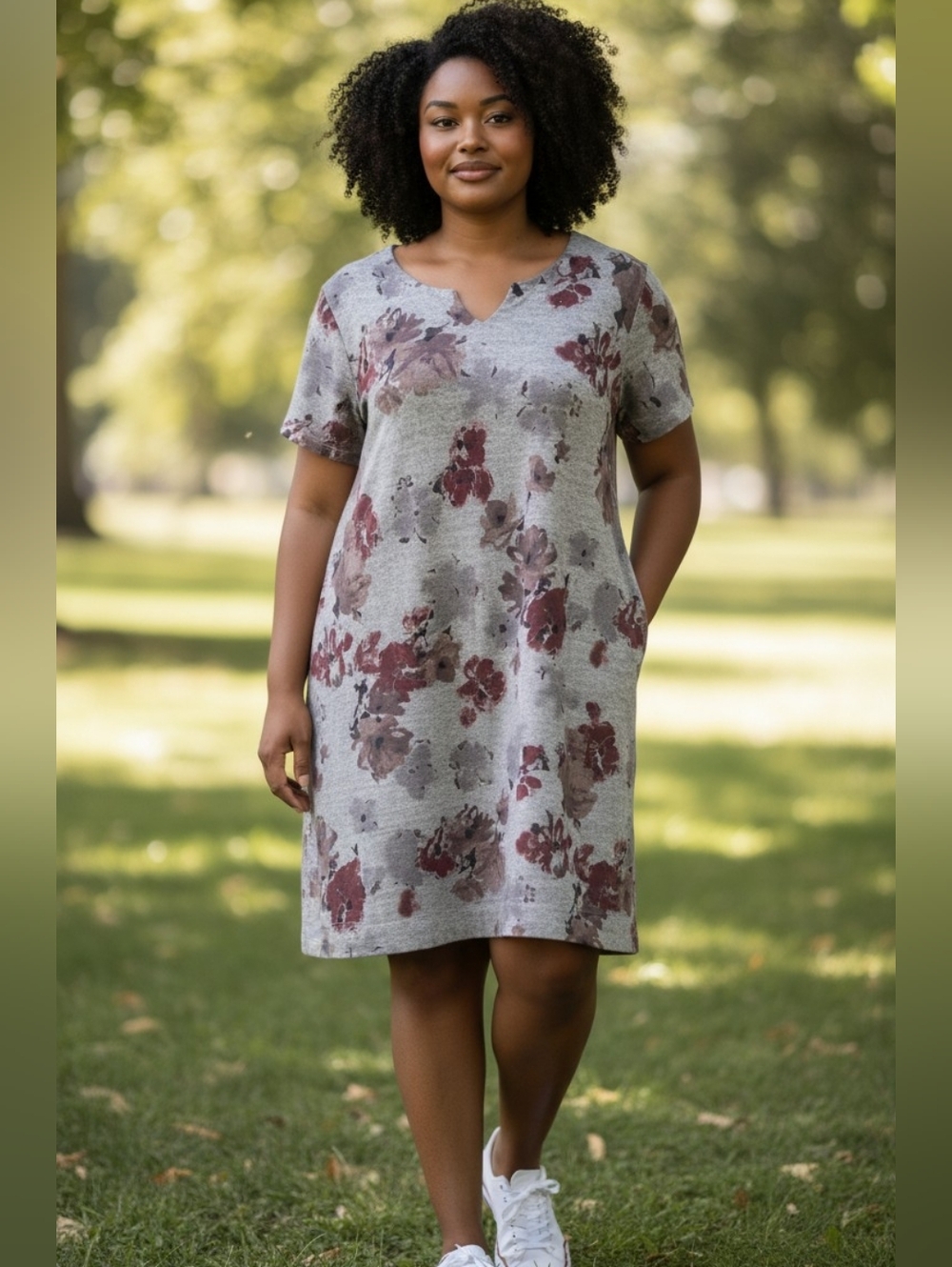 Ellen Tracy Floral Mini Dress in Gray and Red w/ Pockets